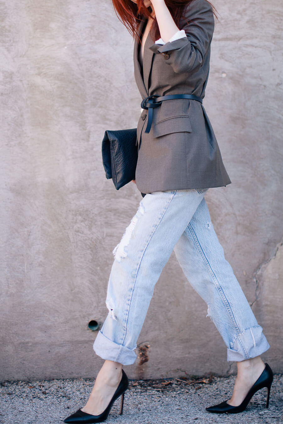 Belted blazer + Levi's on Sea of Shoes