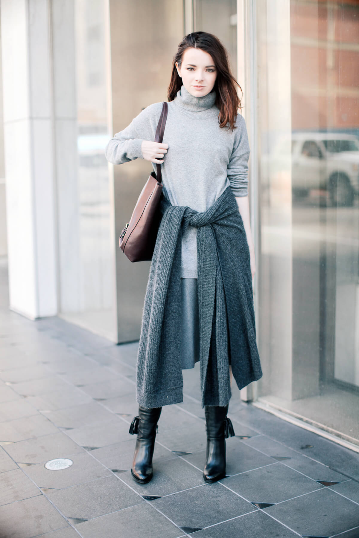 Layered greys and Marc Fisher boots