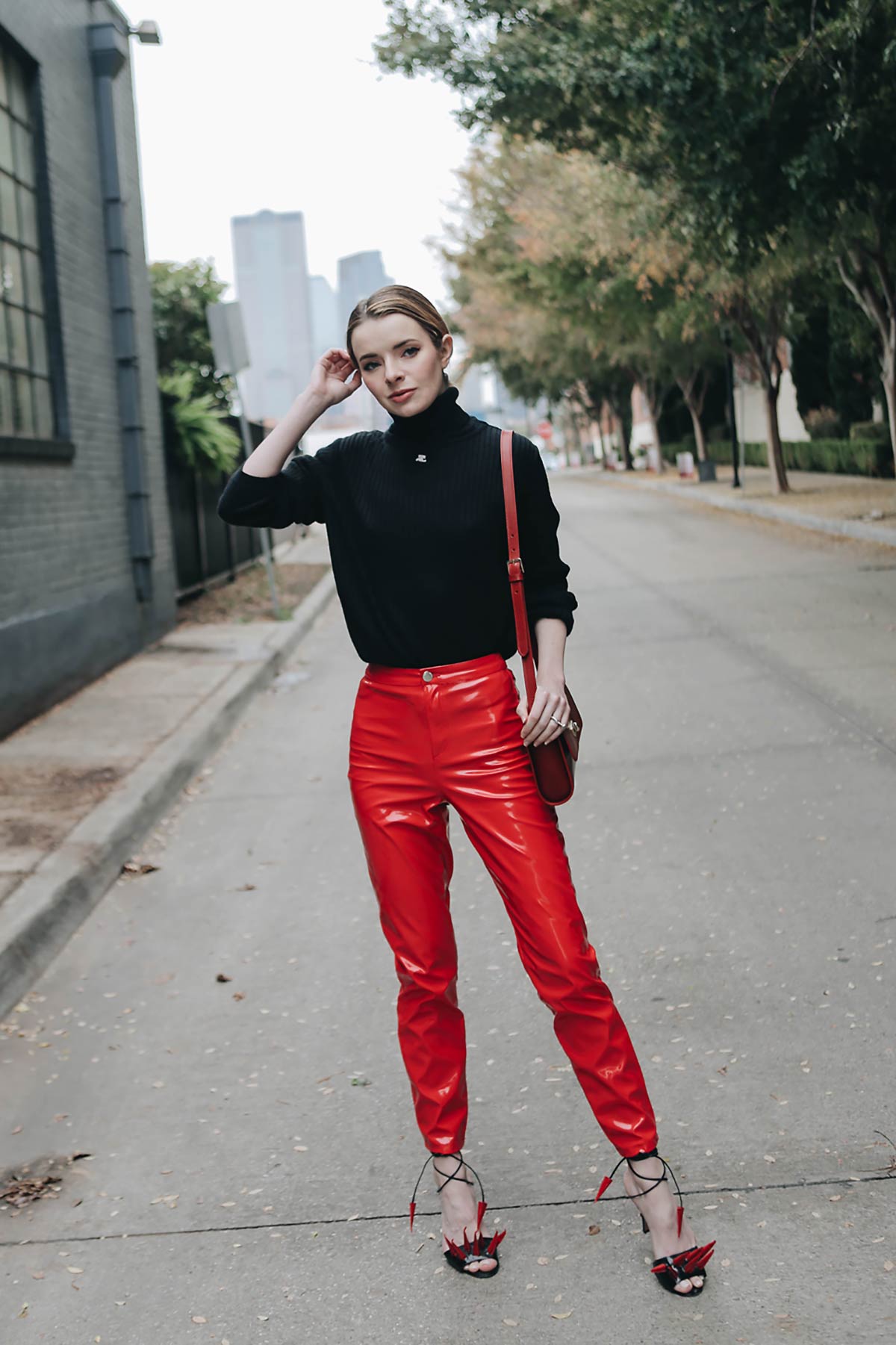 Colour outfit you must try red vinyl pants slim fit pants street fashion   Patent Leather Pants Outfit  High Rise Leather jacket Leather Pants  Outfits